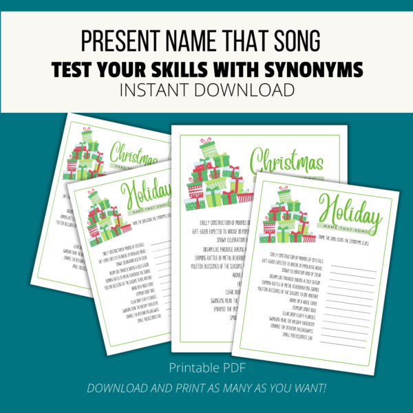 Teal background, white stripe present Name That Song, Test Your Skills with Synonyms, Instant Download. btm Printable PDF, download & print. shows picture printable game for holiday name that song with teal boarder and presents