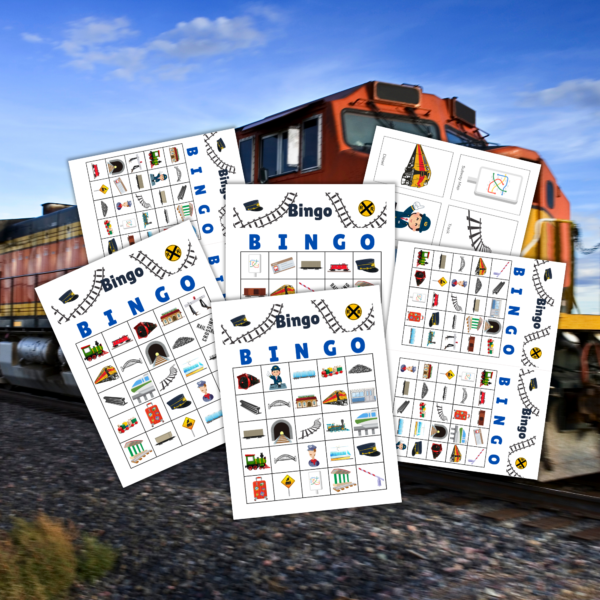 train in background shows images of 2 per page and letter side bingo boards and calling cards