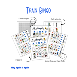 white background, text TRAIN BINGO, cover images & arrow pointing to train track pieces, calling cards w/ arrow pointing to the calling cards w/ words, 50 boards w/ arrow pointing to bingo card, and letter size & 2 per page arrow showing both.