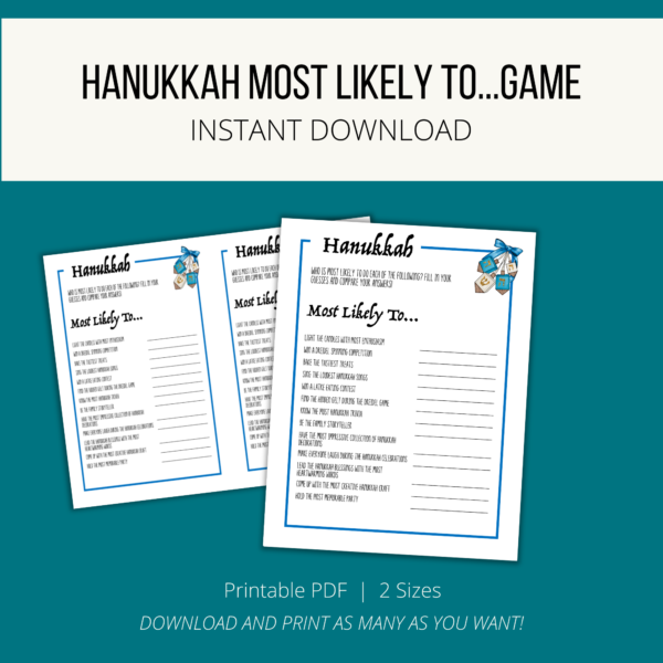 teal background, white stripe Hanukkah Most Likely to...Game, Instant Download, btm. Printable PDF 2 sizes, Download and Print. Shows letter size and half size page with blue boarder and dreidel