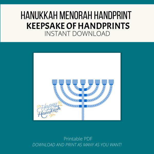 teal background, white stripe, Hanukkah Menorah Handprint Craft, Keepsake Gift, instant download, bottom printable pdf, download and print as many as you want. shows image of the printable with in blue menorah