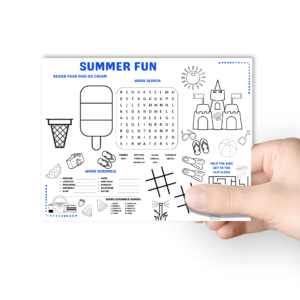 background of white with summer fun table mat, word search, maze, unscramble, tic tac toe, sprinkler, beach, fruit, picnic items