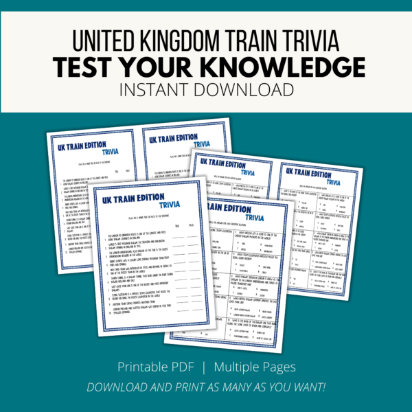 teal background, white stripe, United Kingdom Train Trivia, Test Your Knowledge, Instant Download, Btm. Printable PDF, Multiple Pages, Download and Print as many as you want. Shows UK Trivia Edition Trivia with true false and multiple choice trivia