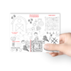 white background hand holding out the farm placemat tactivity says blue circle letter size, tractors, farm animals, hay, veggies, wheat all on the table mat