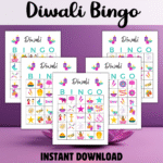 Diwali Bingo instant download. Shows on purple background 5 of the letter size bingo pages
