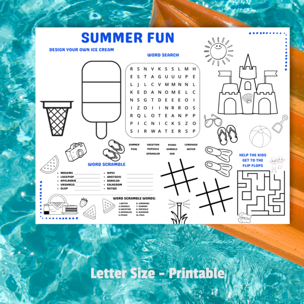 pool background, letter size printable, summer fun table mat with summer fun blue words with flip flops, maze, coloring, drawing, scramble