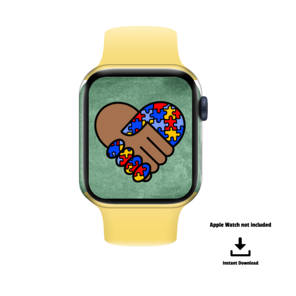 background white with Apple Watch not included, instant download, shows yellow watch band with green background with brown hand and rainbow puzzle piece hand forming a heart