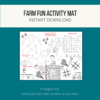 teal background, white stripe Farm Fun Activity Mat Instant Download, btm. Printable PDF, Download and Print as Many as You want, shows farm with trace and coloring activities, tic tac toe, maze, word search, and unscramble.