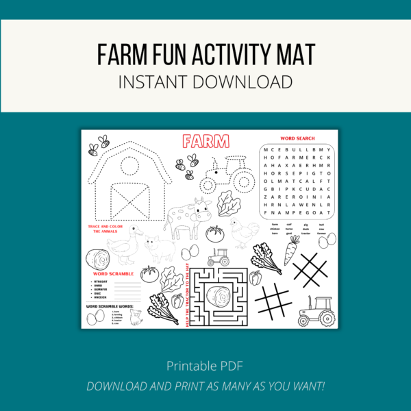 teal background, white stripe Farm Fun Activity Mat Instant Download, btm. Printable PDF, Download and Print as Many as You want, shows farm with trace and coloring activities, tic tac toe, maze, word search, and unscramble.