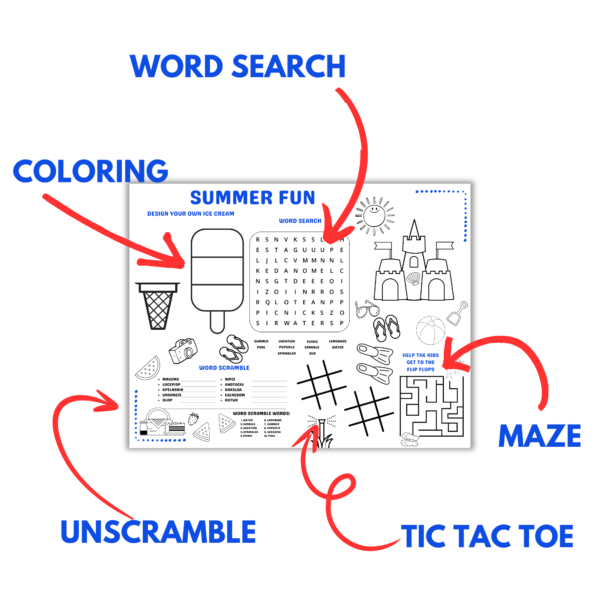 white background, blue words pointing to items on the placemat like word search, coloring, maze, tic tac toe, unscramble, and drawing all on a letter size placemat