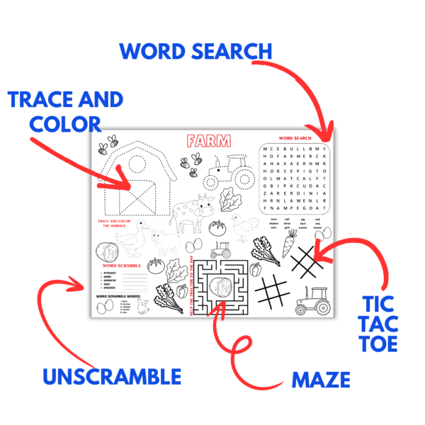 white background, words with arrows pointing at the corresponding, trace and color barn and farm animals - cow, chicken, duck, pig, tractor, unscramble, maze, tic tac toe, word search.