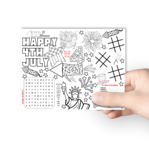white background, with hand holding the table mat of activities from tic tac toe, maze, word search, unscramble, and coloring. Stars, fireworks, liberty American Pink circle with letter size.