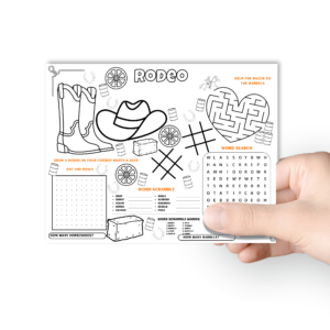 white background, has a hand holding the personalized rodeo placemat with activities. pink circle with letter size.