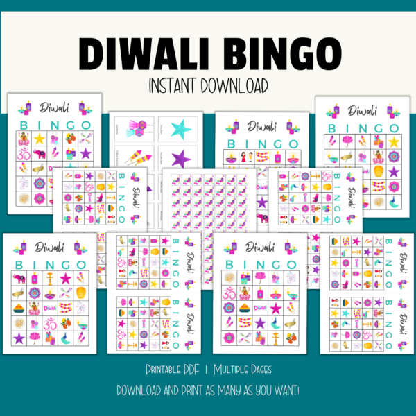teal background, white stripe, Diwali Bingo, Instant Download, Bottom. Printable PDF, Multiple Pages, Download and Print and shows images of the calling cards, covering images with candles and flowers, Diwali bingo that has diya, candles on each side