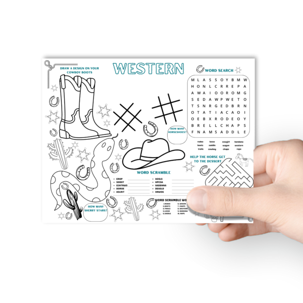 white backdrop with a hand holding the activity placemat in western theme that shows cowboy boots, cowgirl hat, cactus, counting, maze, unscramble, word search, tic tac toe