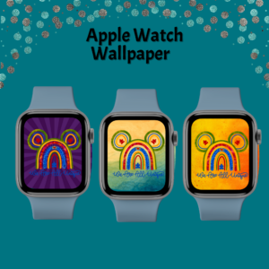 teal background, glitter dots around, shows 3 Apple Watches with different backgrounds, of purple stripes, teal and yellow, and oranges, all with the mouse ears rainbow that says We are all Unique, and puzzle piece inside the rainbow