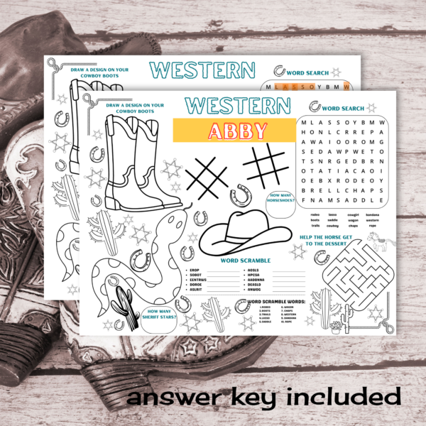 western boots and hat in background, says answer key included, shows yellow square where the name goes on the placemat, the activity games include word search, tic tac toe, maze, coloring snake, boots, hat, catus, unscramble,