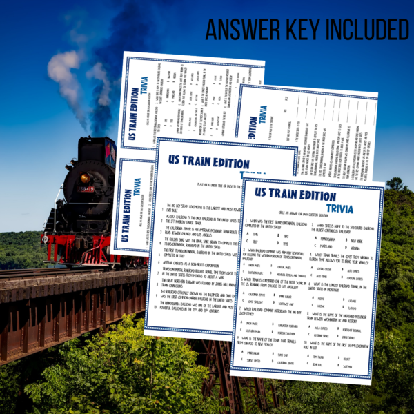 shows steam engine in the background with US Train Edition Trivia with multiple choices and true and false pages on letter and 2 half page