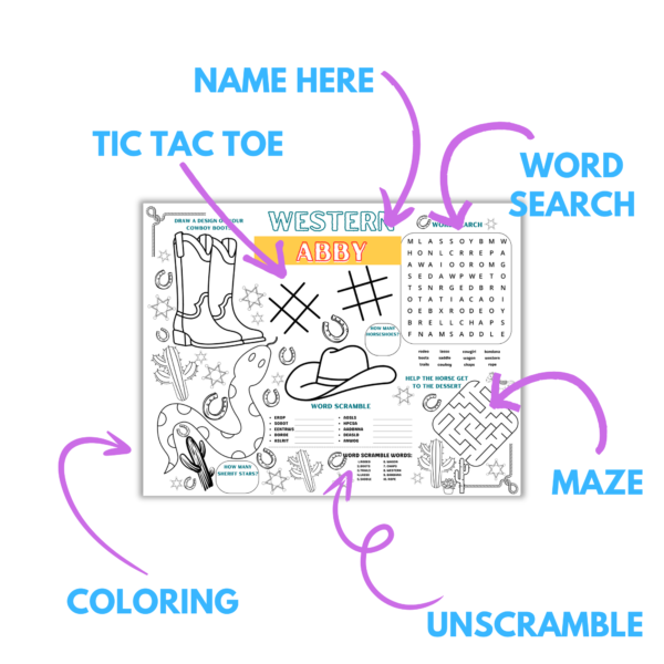 white background, shows picture of the western personalized table mat with arrows and words pointing to each item name here, word search, maze, unscramble, coloring cactus, boots, hats, snake, and tic tac toe