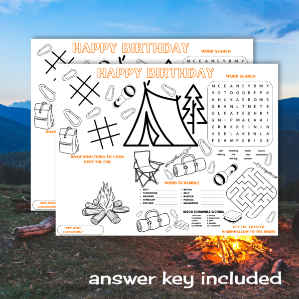 mountain background, fire in foreground, shows two images of with tic tac toe, maze, word search, and word scramble, coloring, drawing activities table mat. Says Answer Key Included.