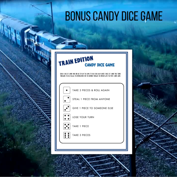 train background, shows picture of train edition candy dice game says bonus game