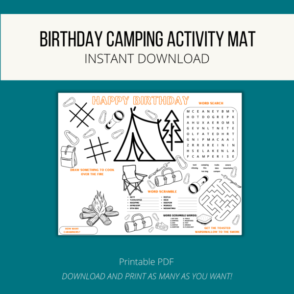 teal background, white stripe, Birthday Camping Activity Mat Instant Download, btm. Printable PDF, Download and Print as many as you want. Shows image of placemat with camping tent, flashlights, and sleeping bags, shows maze, fire, s'mores