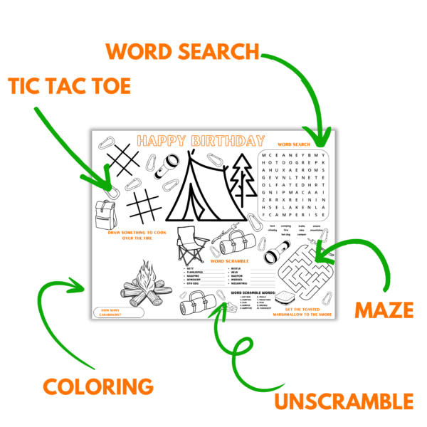 white background, shows happy birthday camping activity placemat says word search pointing to it, maze with arrow pointing to it on the mat, unscramble, coloring, tic tac toe, backpack, chair, sleeping bag, s'more, evergreen tree.