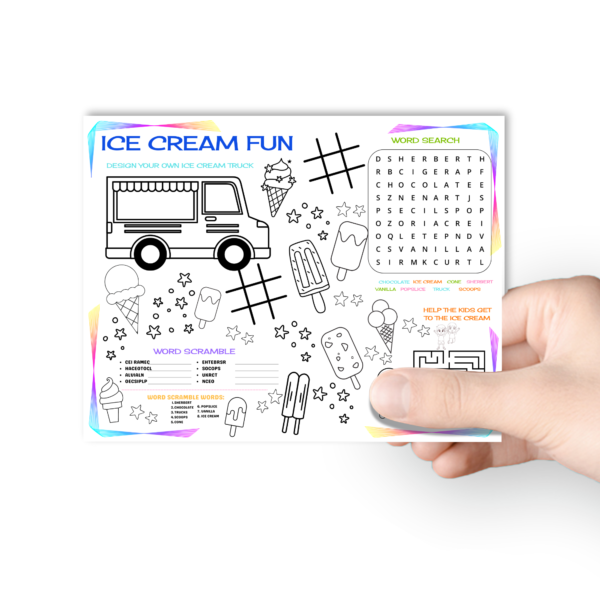 white background, with hand holding placemat, that shows an ice cream truck, popsicle, tic tac toe, maze, word search, scramble, stars and colorful border