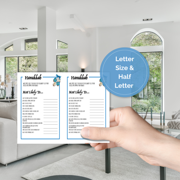 shows living room in the background, hand holding the printable game, with 2 on a letter size page, with blue and white decorations and blue border, blue circle says letter and half letter size