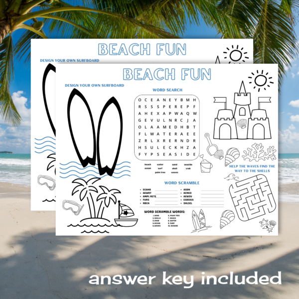 palm trees and sand in the background, shows copy of beach fun themed place mat activity says answer key included.