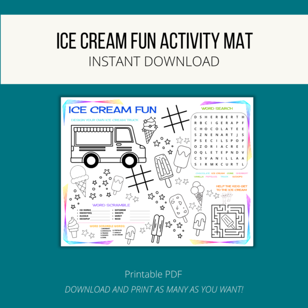 teal background, white stripe, Ice Cream Activity Mat, Instant Download, bottom Printable PDF, Download and Print, Shows ice cream activity mat with word search, maze, scramble, tic tac toe, coloring and stars