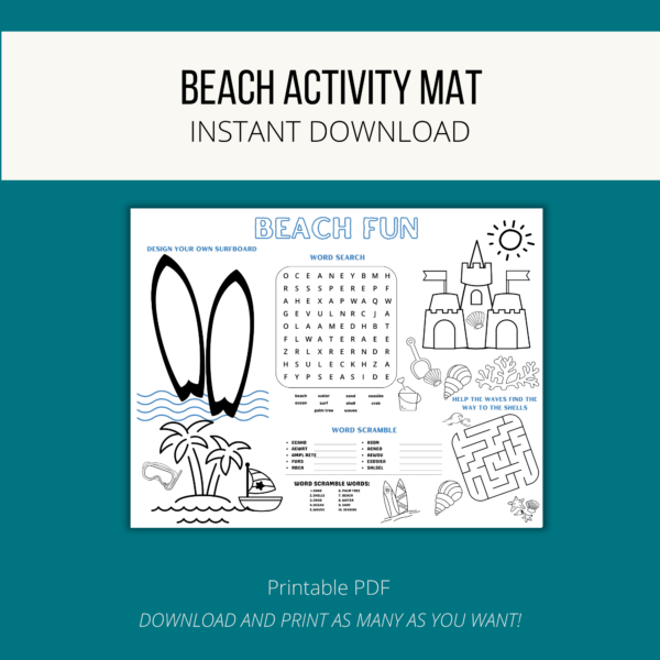 teal background, white stripe Beach activity mat, instant download, btm.printable pdf, download and print as many as you want, shows beach surf boards drawing, coloring sand castle, maze, word search, and word scramble,