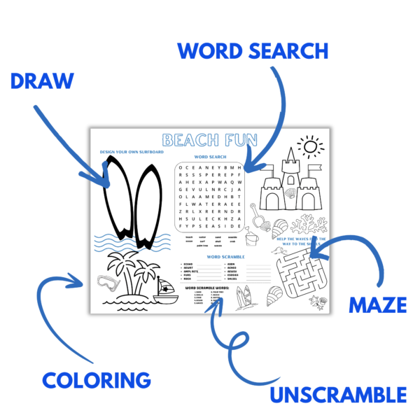 white background, arrows and words pointing to that object, draw to surf boards to draw design, word search, maze, unscramble, coloring castle, shells, palm trees, and sail boat