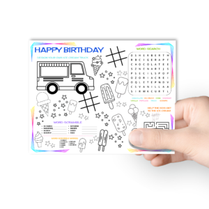 white background with hand holding placemat, that shows an ice cream truck, popsicle, tic tac toe, maze, word search, scramble, stars and colorful border