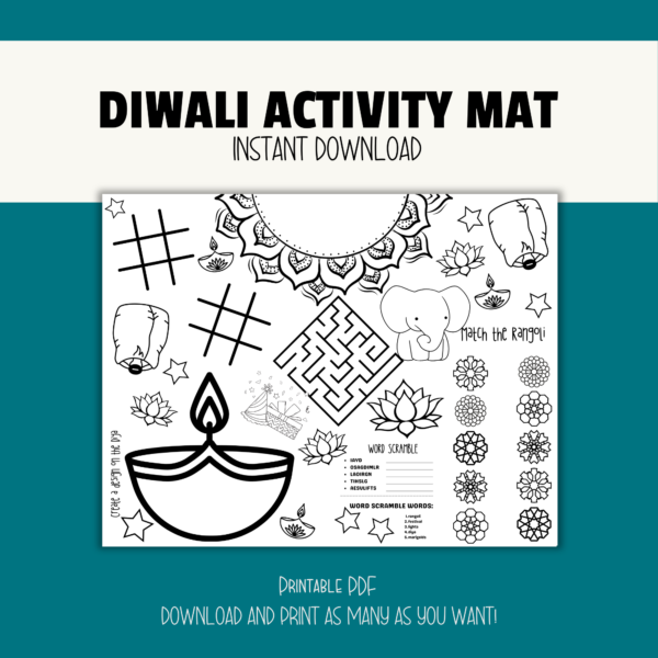 teal background, white stripe. Diwali Activity Mat. Instant Download. Bottom. Printable PDF, Download and Print as Many as You Want! Middle shows picture of the placemat with elephant and gift maze, design your own diya, scramble words, matching