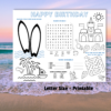 shows sunrise at the beach, shows copy of birthday beach themed activity table mat, letter size and printable under the picture.