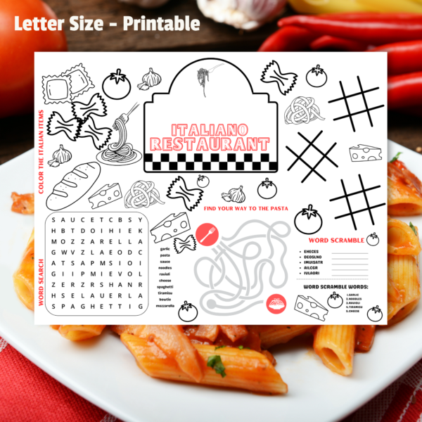 show background of spaghetti, says letter size, printable, shows pasta of all kinds bow tie, ravioli, garlic, tomatoes all over the Italiano restaurant customize name table mat with word search, maze, and scramble, and tic tac toe