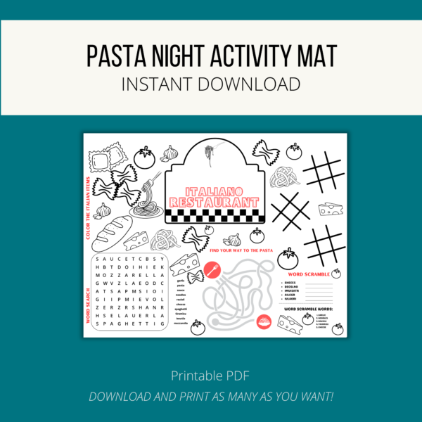 teal background, white stripe Pasta Night Activity Mat, Instant Download, Printable PDF, Download and print. Shows image of Italian table mat with all kinds of pasta, spaghetti maze, word search, and word scramble, tic tac toe, and personalize name