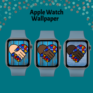 teal background, Apple Watch Wallpaper, shows three Apple Watches, with grey watch bands, each image wallpaper is a handshake heart with different color skin, on blue backgrounds