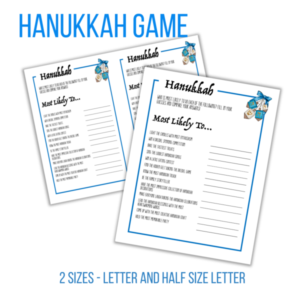 white background, hanukkah game, 2 sizes letter and half size letter, shows images of both with 2 per page and letter, have blue boarder, dredal in blue golds and white