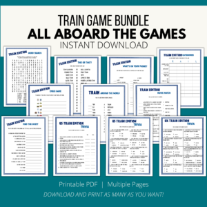 teal background, white stripe, Train Game Bundle, All Aboard the Games, Instant Download, bottom Printable PDF, Multiple Pages, Download and Print. Shows images of some of the games, Word Search, This or That, Whats on Your Phone, Catagories, Emoji