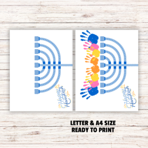 wood background, shows image of blue menorah words Happy Hanukkah printable then says Letter and A4 Size Ready to Print