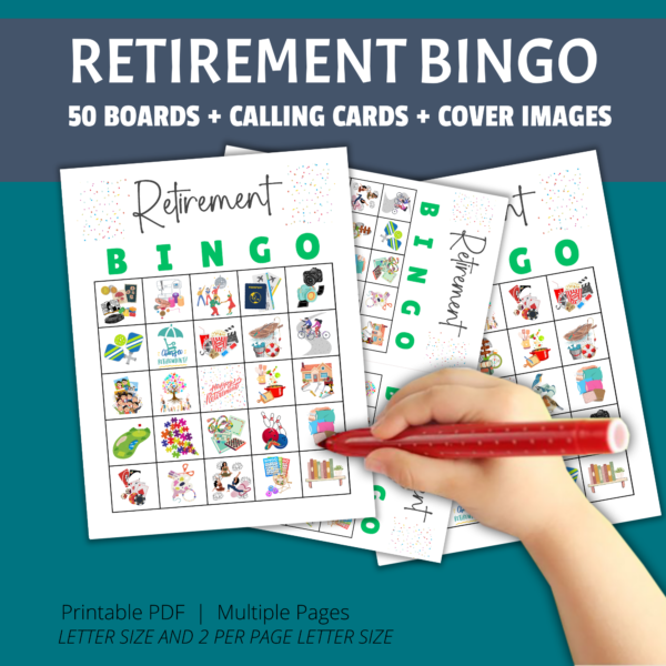 teal background, navy stripe retirement bingo 50 boards + calling cards + cover images, btm printable pdf, multiple pages, letter size and 2 per page letter size, shows hand with red marker over letter and 2 on page bingo cards