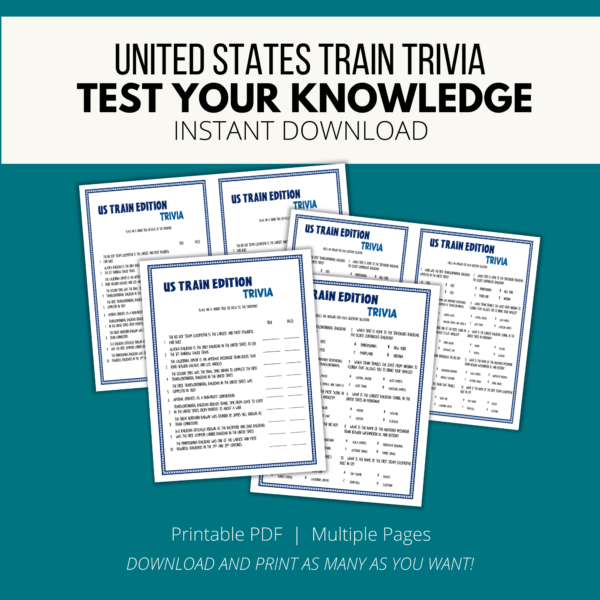 teal background, white stripe, United Kingdom Train Trivia, Test Your Knowledge, Instant Download, Btm. Printable PDF, Multiple Pages, Download and Print as many as you want. Shows US Trivia Edition Trivia with true false and multiple choice trivia