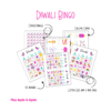 white background, Diwali bingo, cover images with diya, candles, and lotus, calling cards, 50 boards pointing to the letter size board in pink, purple, teal, then letter size and 2 per page that are half size