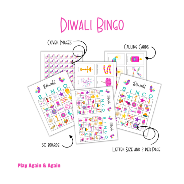 white background, Diwali bingo, cover images with diya, candles, and lotus, calling cards, 50 boards pointing to the letter size board in pink, purple, teal, then letter size and 2 per page that are half size