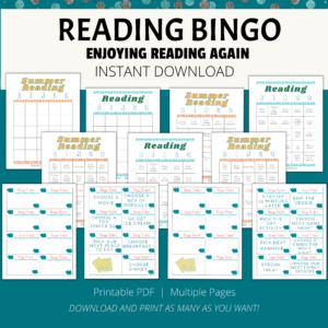 teal background, white stripe, reading bingo, enjoy reading again, instant download, btm. Printable PDF,Multiple Pages, Download and Print. Shows images of summer reading bingo and reading bingo boards, winning tickets