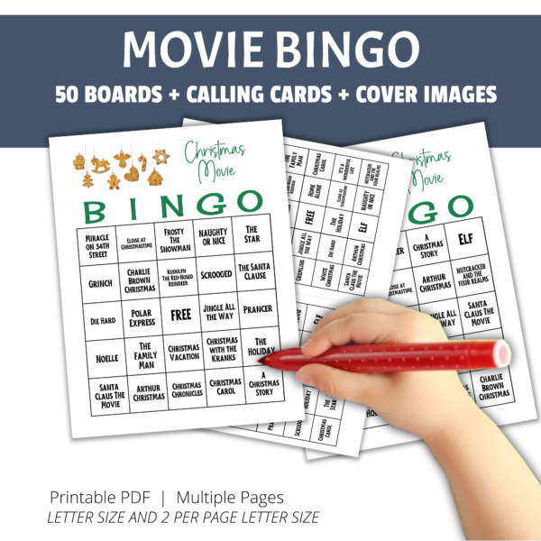 white background, blue stripe,50 boards + calling cards + cover images, printable pdf, multiple pages, letter size & 2 per page letter size. green bingo letters & a hand holding a marker to cross off movies. Has some hanging gingerbread cookies.