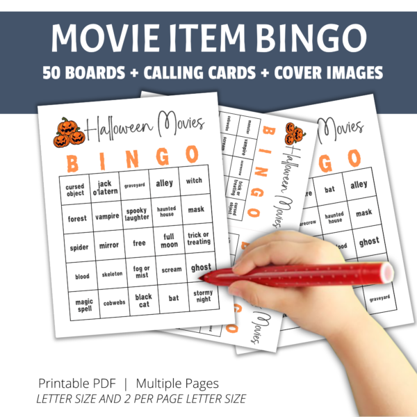 white background, blue stripe movie item bingo, 50 boards, calling cards, cover images, bottom printable pdf, multiple pages, letter size and 2 per page letter size. shows letter size & 2 per page halloween movie watching bingo with hand with marker