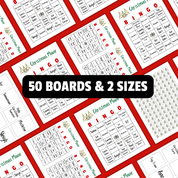 red background, shows images of cover images, bingo boards, and 2 per page bingo, calling cards. Shows words 50 boards and 2 sizes. showing with christmas tree bingo card